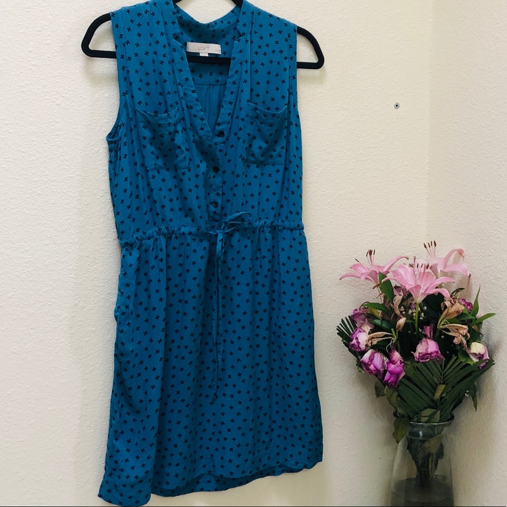 Loft Teal Dress with Cinched Waist and Pockets